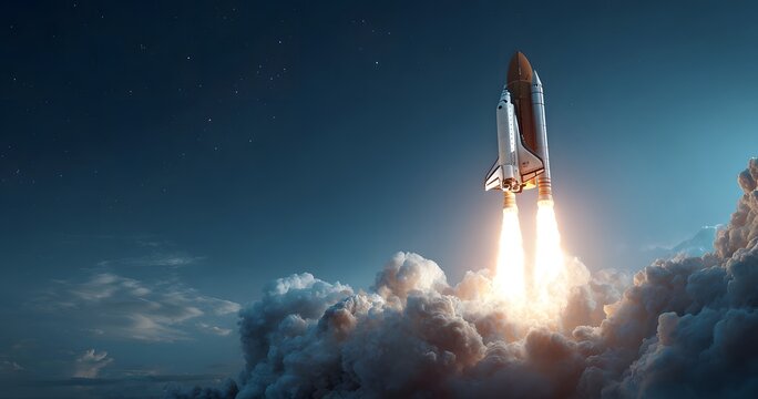 Silhouette of a space shuttle rocket lifting off into the night sky with fiery launch flames