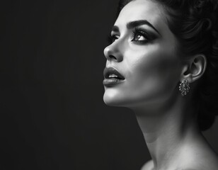 Fototapeta premium Elegant woman, dramatic makeup close-up, black, white portrait. Beautiful face with intense gaze. Art of opera, theatrical theme. Perfect model for fashion, beauty projects, style. Classic elegance,