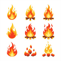 A collection of stylized campfire and flame illustrations in various stages, from small flames to burning embers.