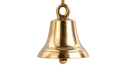 Golden metallic bell suspended, gleaming against transparent backdrop, waiting to resonate with melodic chime
