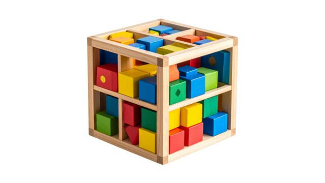Multicolored shape sorter cube with various geometric blocks promoting learning and play for toddlers, isolated on a transparent background