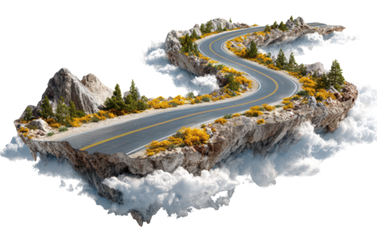 Winding road above the clouds mountain landscape scenic route isolated on a transparent background