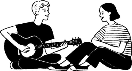 Friends enjoying acoustic guitar session sketch - harmonious bond and creative expression
