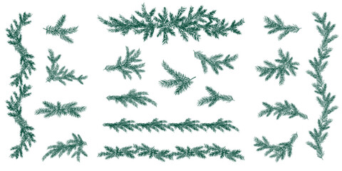 Set of Christmas Borders and Pine Tree Branches, Vector Illustrations