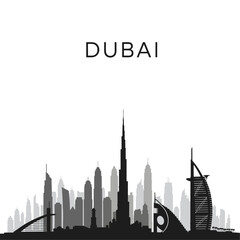 Silhouette cityscape of Dubai, featuring iconic skyscrapers and modern architecture.