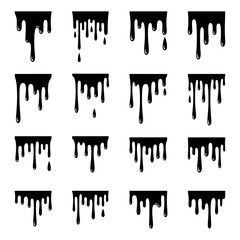 Collection of sixteen black dripping liquid illustrations, varying in drip density and length.