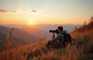 Nature photographer captures stunning mountain sunset. Man with camera sits on grassy hill, taking photo of scenic landscape, capturing golden hour. Photo, landscape, adventure, tourism, travel,
