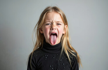 Young girl showing disgust face expression with tongue out. Blonde hair female child portrait in studio, grey background. Nonverbal communication of hate, dislike, disapproval. Negative feeling