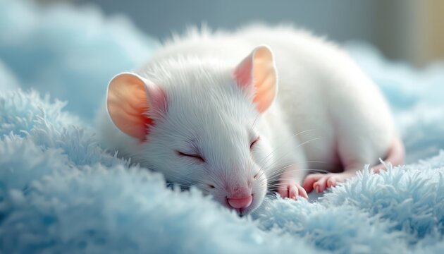 White lab mouse sleeping, soft fur, resting on blue blanket. Peaceful rodent pet, adorable face, small size. Research, science, medicine, genetic, study. Cute, fluffy animal, ideal for medical tech.