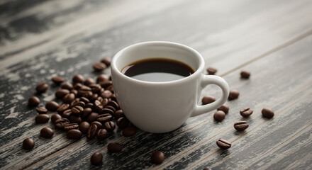 Fototapeta premium A white cup of black coffee nestled among scattered coffee beans on a weathered wooden surface, evoking a cozy and inviting cafe atmosphere