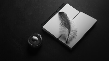 Monochrome feather on notebook with inkwell, nostalgic writing concept