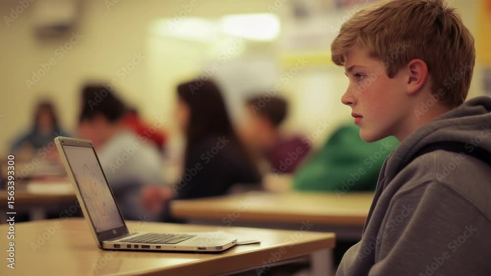 Poster blond male pupil engaging with a laptop computer during class, surrounded by classmates and a teache