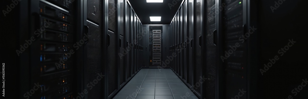 Aufkleber Dark server room featuring server racks. Modern data center, data storage, hosting, and cloud computing. Infrastructure and network technology equipment, secure information.