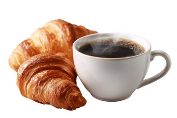 Delicious croissants and steaming coffee breakfast treat isolated on a transparent background