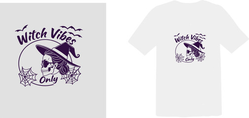 "Witch Vibes Only" Halloween T-Shirt Design Mockup with Skull and Witch Hat