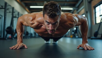 Fototapeta premium Man Doing Pushups in Gym for Strength and Fitness