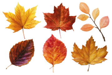 Autumn leaves collection vibrant fall foliage painted artwork, isolated on a transparent background