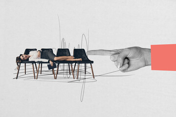 Full 3d poster art collage of serious business girl lay chair boss hand point target achievement...