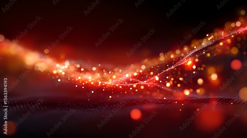 Poster abstract red glowing particles flowing over dark mesh surface with bokeh light effects and dynamic m