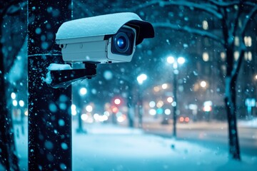 Nighttime surveillance  outdoor security camera capturing snowy cityscape in winter conditions