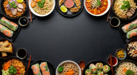 A diverse selection of Asian dishes including noodles, spring rolls, and soups, beautifully arranged around a dark background with central copy space, ideal for culinary themes