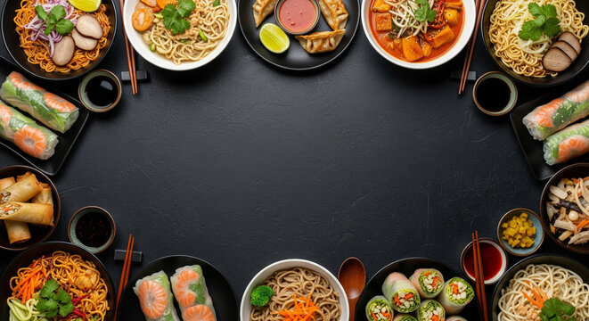 A diverse selection of Asian dishes including noodles, spring rolls, and soups, beautifully arranged around a dark background with central copy space, ideal for culinary themes