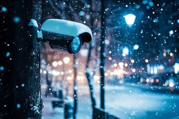 Nighttime view of outdoor security camera in a snowy urban environment with illuminated streets