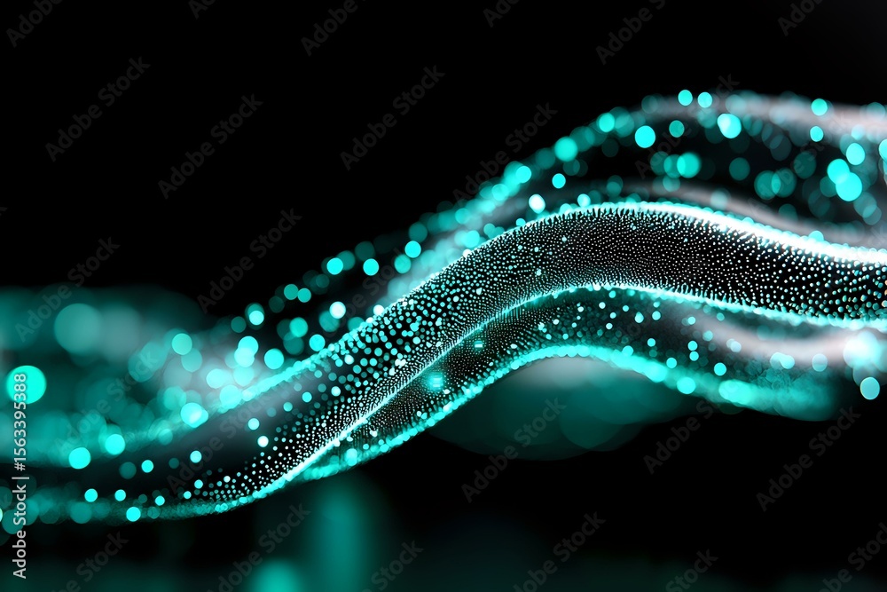 Poster glowing turquoise particles form elegant flowing waves against dark background, creating dynamic mot