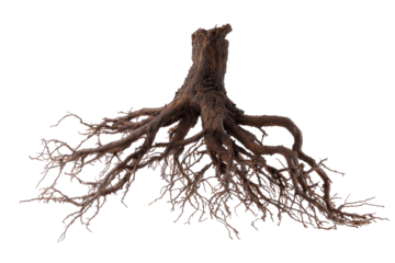 Tree roots trunk dark brown isolated background nature wood isolated on a transparent background