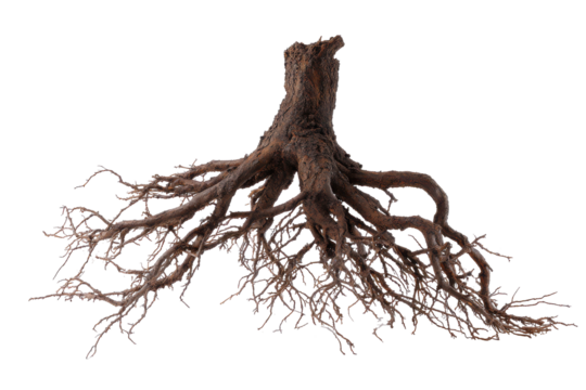 Tree roots trunk dark brown isolated background nature wood isolated on a transparent background