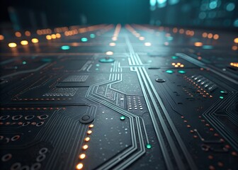 Futuristic circuit board with glowing orange and green lights and intricate pathways