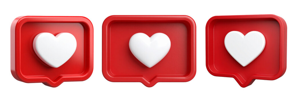 Collection of Red social media notification icon featuring white heart shape is displayed on a transparent background