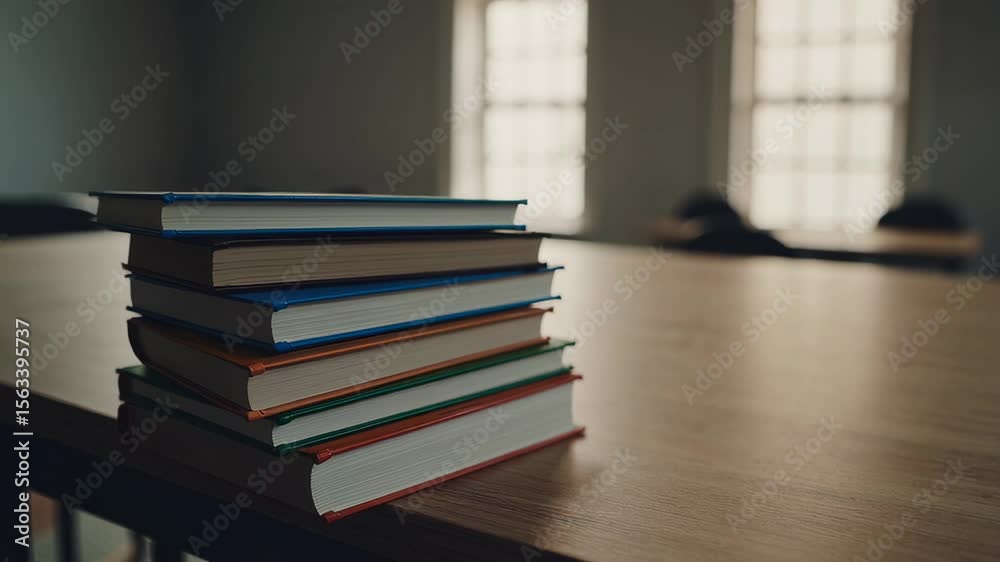 Poster vibrant textbooks aligned on wooden classroom surface, highlighting scholarly atmosphere and learnin