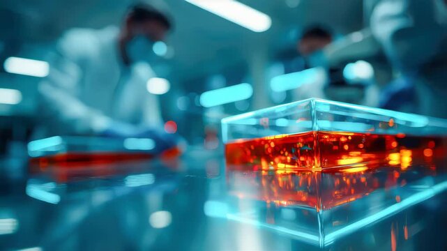 High-tech lab with scientists working at illuminated surfaces, surrounded by glassware and glowing accents