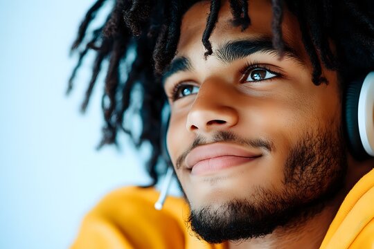Close up portrait of young African American man with dreadlocks and white headphones smiling while listening to music, wearing yellow hoodie against blue background.