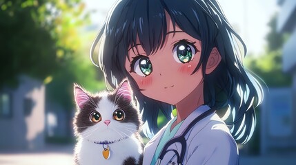 Young Asian female veterinarian in white medical coat holding fluffy bicolor cat with blue eyes. Anime style illustration with soft bokeh background and gentle lighting.