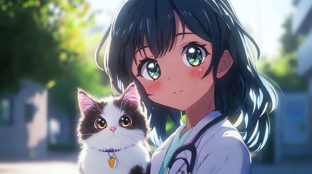 Young Asian female veterinarian in white medical coat holding fluffy bicolor cat with blue eyes. Anime style illustration with soft bokeh background and gentle lighting.