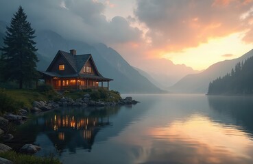 Fototapeta premium Wooden house near lake. Scenic view of nature with mountains, calm water reflecting sky and home. Landscape scenery with house lights on, travel destination, vacation. Holiday concept.