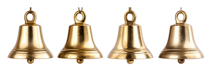 Collection of Golden metallic bell suspended, gleaming against transparent backdrop, waiting to resonate with melodic chime