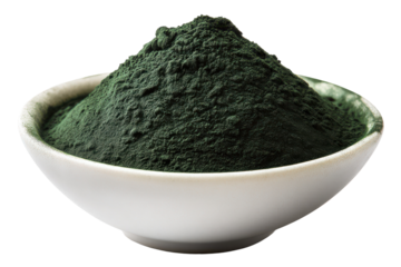 Green algae powder in a white bowl healthy superfood supplement, isolated on a transparent background
