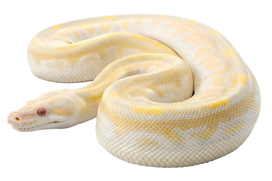 Albino ball python coiled on a transparent background showcases its unique beauty.