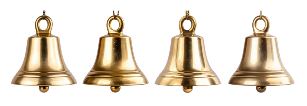Collection of Golden metallic bell suspended, gleaming against transparent backdrop, waiting to resonate with melodic chime