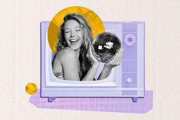 Zine banner art full photo collage of happy girl peek tv screen analog concert channel hold disco...