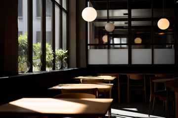 Co working space in cafe, Architecture design of modern space with peaceful and calm vibe, Interior design of restaurant with dining table.