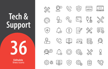 Tech and Support Line Icons, Laptop, Server, Gear, Headset, Troubleshooting, Editable Formats: AI, EPS, JPG, PNG, Ideal for Both Digital and Print Use
