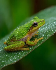 Obraz premium Green Tree Frog on Dew-Covered Leaf