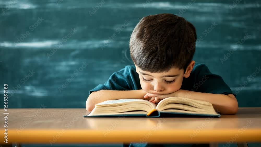 Poster elementary school student falling asleep while studying, head resting on a book atop a school desk, 