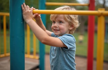 Fototapeta premium Young boy climbs colorful playground equipment. Child enjoys outdoor activities at park, plays, smiles. Fun childhood lifestyle concept. Happy kid on summer day.