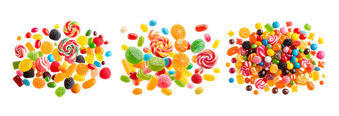 Collection of Multicolored candy pieces - lollipops, jelly beans, gummies - suspended midair against transparent backdrop, representing sugary confectionery delight