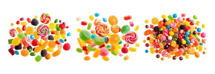 Collection of Multicolored candy pieces - lollipops, jelly beans, gummies - suspended midair against transparent backdrop, representing sugary confectionery delight